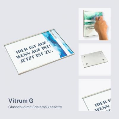 Tuerschild Vitrum G aus Glas und Edelstahl DIN A5